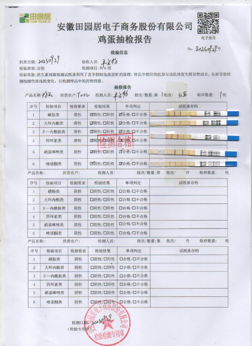 2023年9月29號鮮雞蛋檢測報告